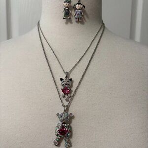 Two Silver Tone Necklaces with Teddy and Kitty Pendants plus Earrings